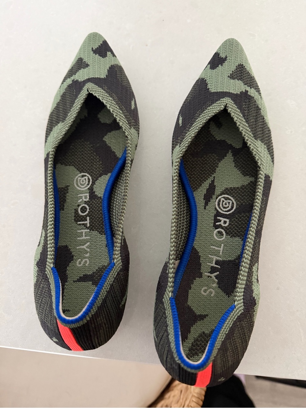 Rothy's Olive Green Camo Pointed-Toe Slip-On Flats with Blue Trim